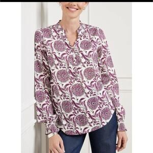 Talbots Chrysanthemum Trellis Ruffle Trim Popover Size XL Blouse Purple White